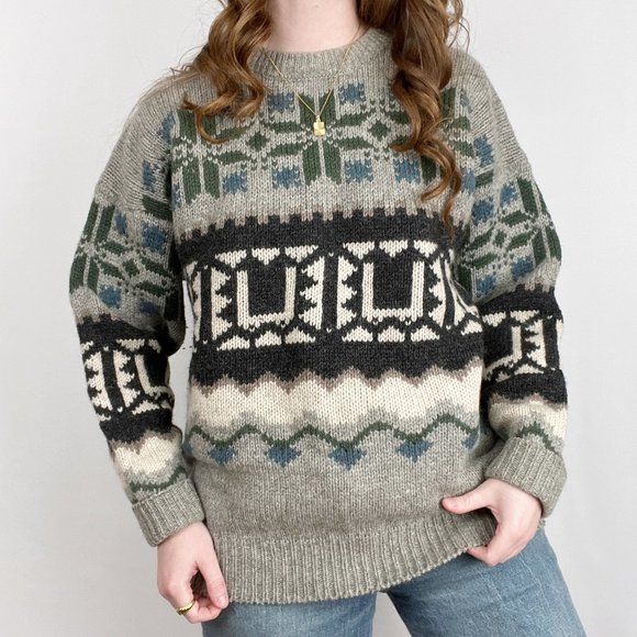 Vintage Nordic Fair Isle Ski Sweater Knit 100% Wool Slouchy Oversized Grandpa - Picture 3 of 7
